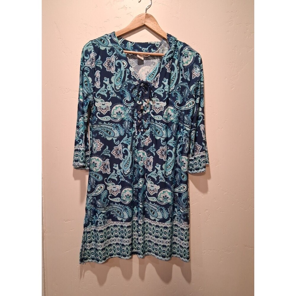 Saint Tropez West Blue Aqua Paisley‎ Print Lace Up 3/4 Sleeve Tunic Top Lg Beach
